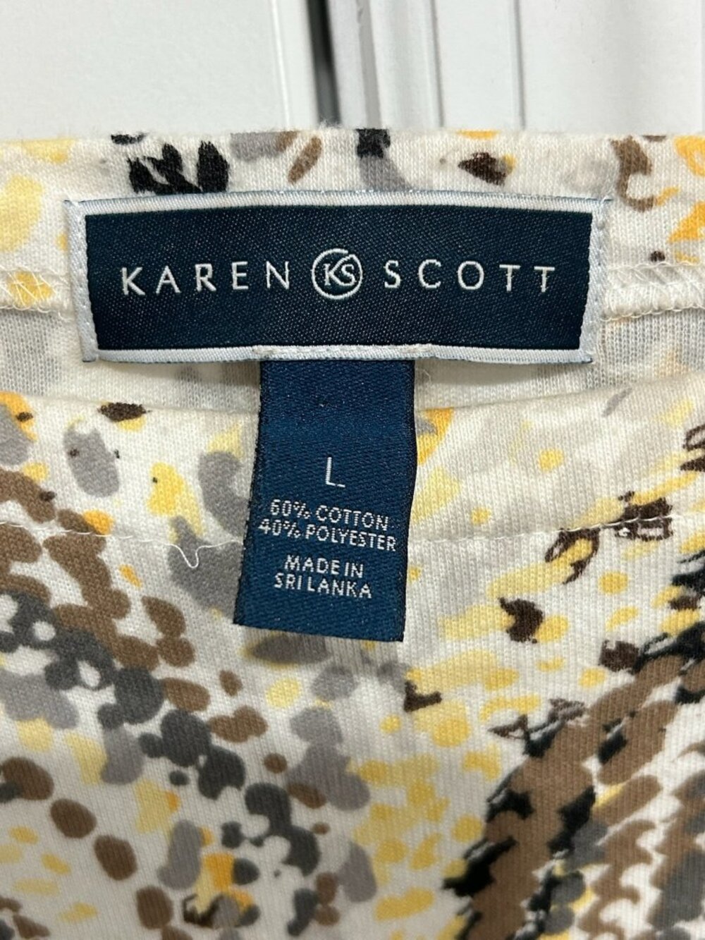 Karen Scott Swirl Print Top Yellow Brown Sz Large Cuffed Half Sleeve Mixed Print - Picture 5 of 9